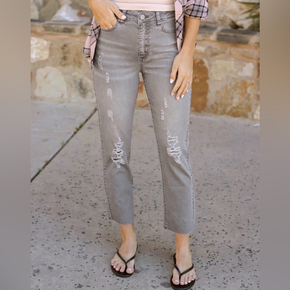 Grace & Lace Gray Mel’s Fave Distressed Cropped Straight Leg Colored Denim